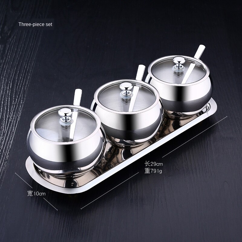Kitchen Stainless Steel Sugar Bowl With Lid And Spoon Portable Sugar Box Container Cooking Seasoning Jar Storage Bottle WY72009: 1 SET