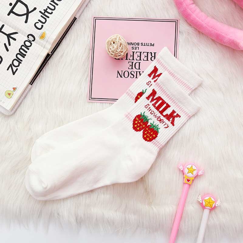 Harajuku kawaii glade kvinder sokker mælk mad maleri jordbær dyreprint sjove sokker sød sok: 9