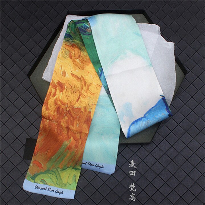 Van Gogh《Starry Night》Oil Painting Twill Silk Scarf Women Neckerchief Skinny Bag Scarf Female Headband Scarves Wraps For Ladies: 4
