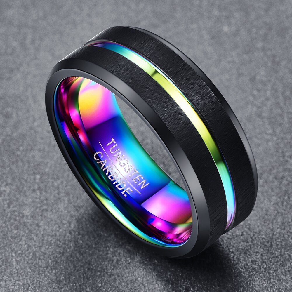 8MM Wide Black Matte Plating Colorful Slotted Tungsten Steel Ring Anniversary Tungsten Rings for Men&#39;s Jewelry