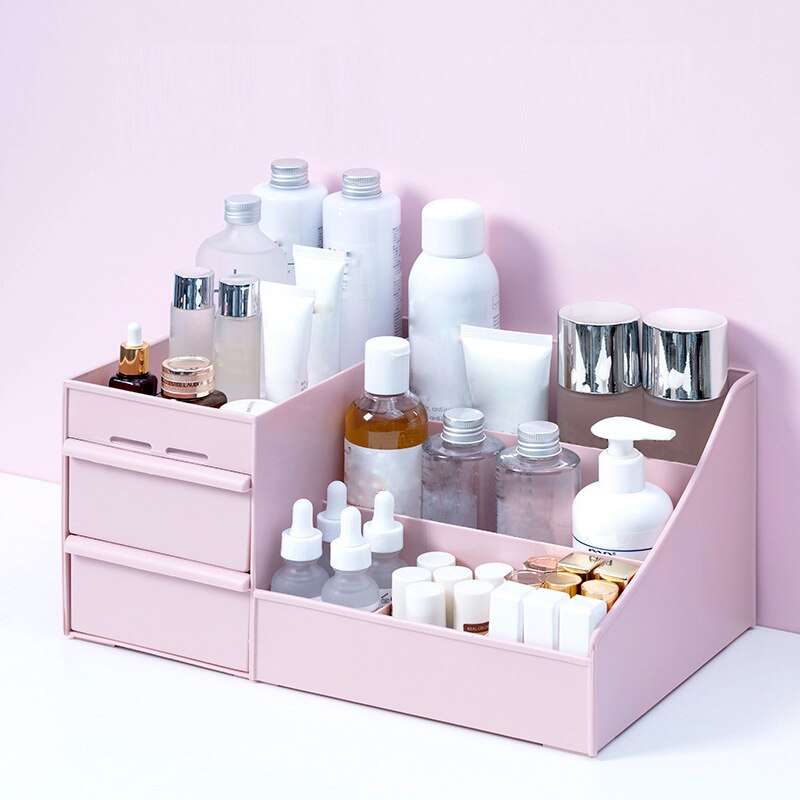 Stor kapacitet kosmetisk opbevaringsboks makeup skuffe arrangør smykker neglelak makeup container desktop diverse opbevaringsboks: Lyserød / 34.5 x 21.3 x 16cm
