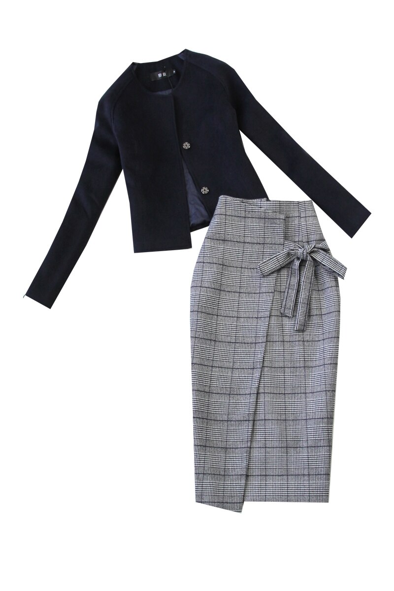 Women's autumn winter blue short jacket high waist pencil skirt woolen skirt suit office clothes blazer office uniform