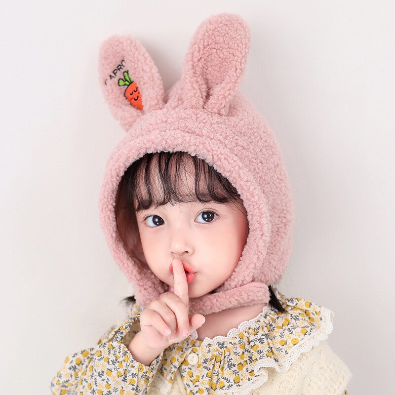 Cappello da ragazza cartone animato orecchie di coniglio capelli di agnello 3-10 anni cuffia per bambini protezione del viso cappello antivento: Colore rosa
