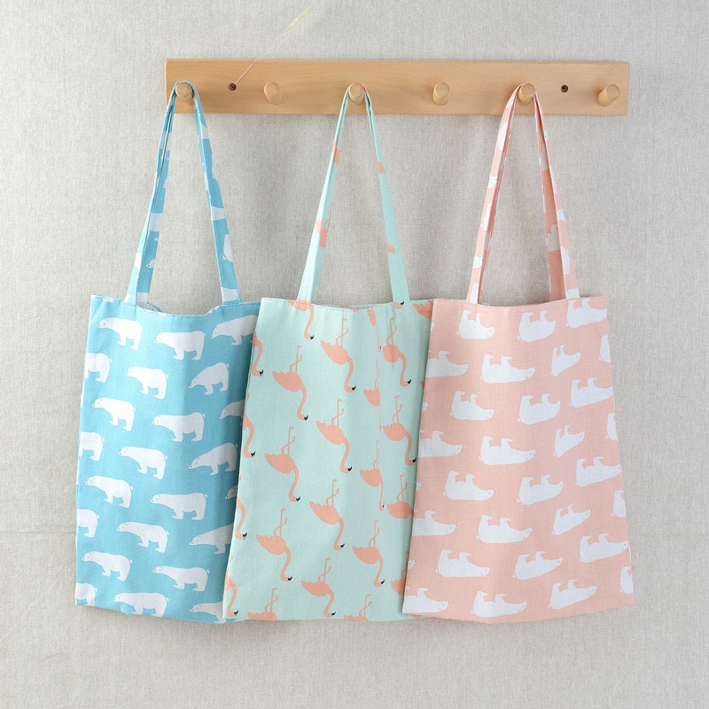 Cartoon Cotton Linen Shoulder Bags Outdoor Canvas Women Tote Pouch Grocery Storage Bags Bear Flamingo Shopping Bags