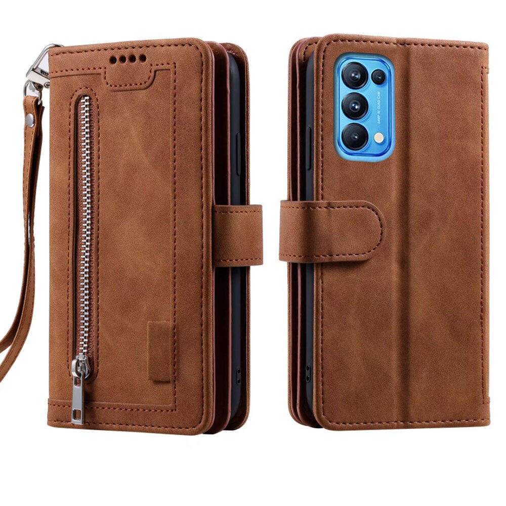 9 Cards Wallet Case for Oppo Find X3 Lite Case Card Slot Zipper Flip Folio with Wrist Strap Carnival for OPPO Reno 5 5G Cover: For Reno Find X3Lite / Brown