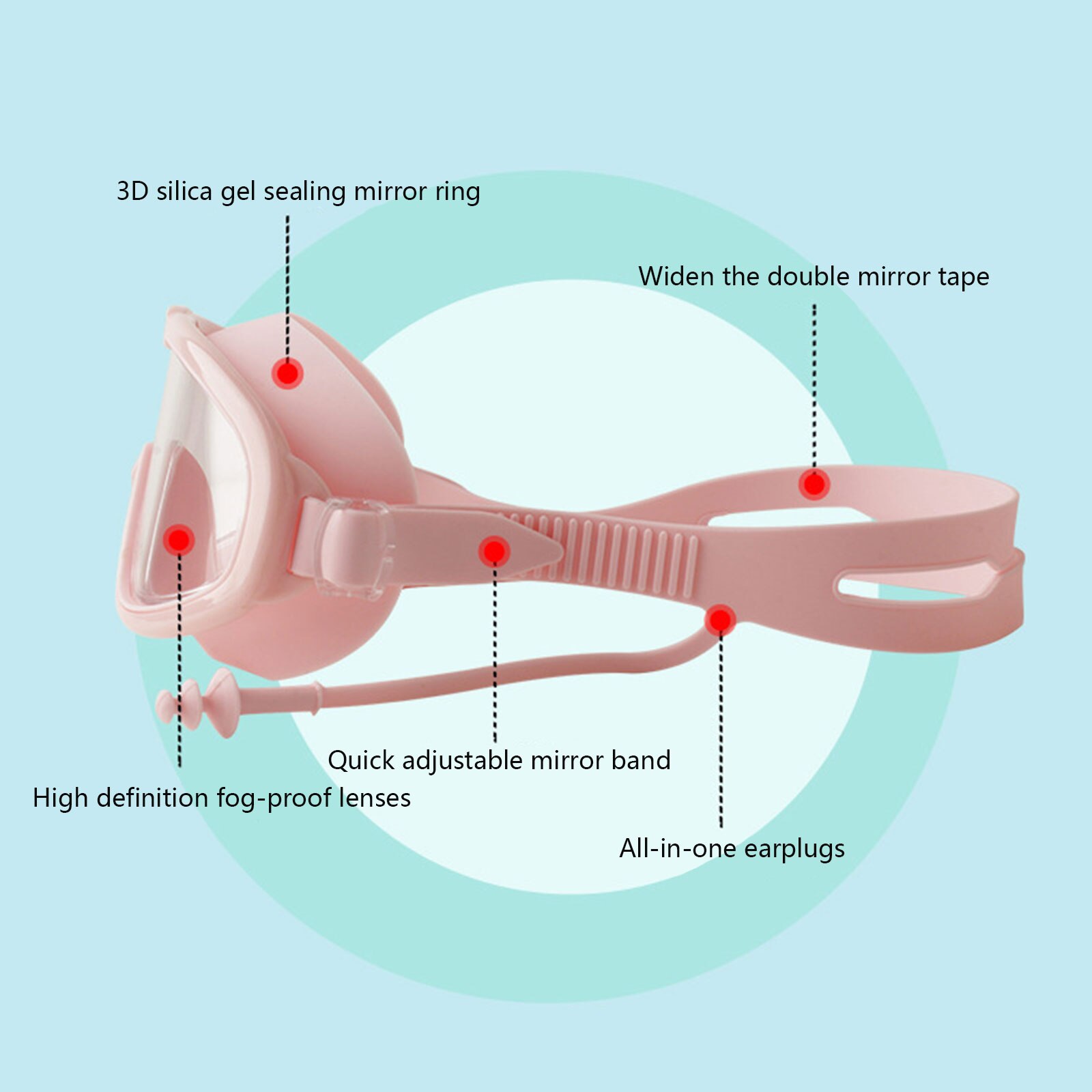 Children's Swimming Glasses Practical PC Lens Ultra-Wide View Antifog Silicone Mirror Goggles Adjustable Conjoined Earplugs