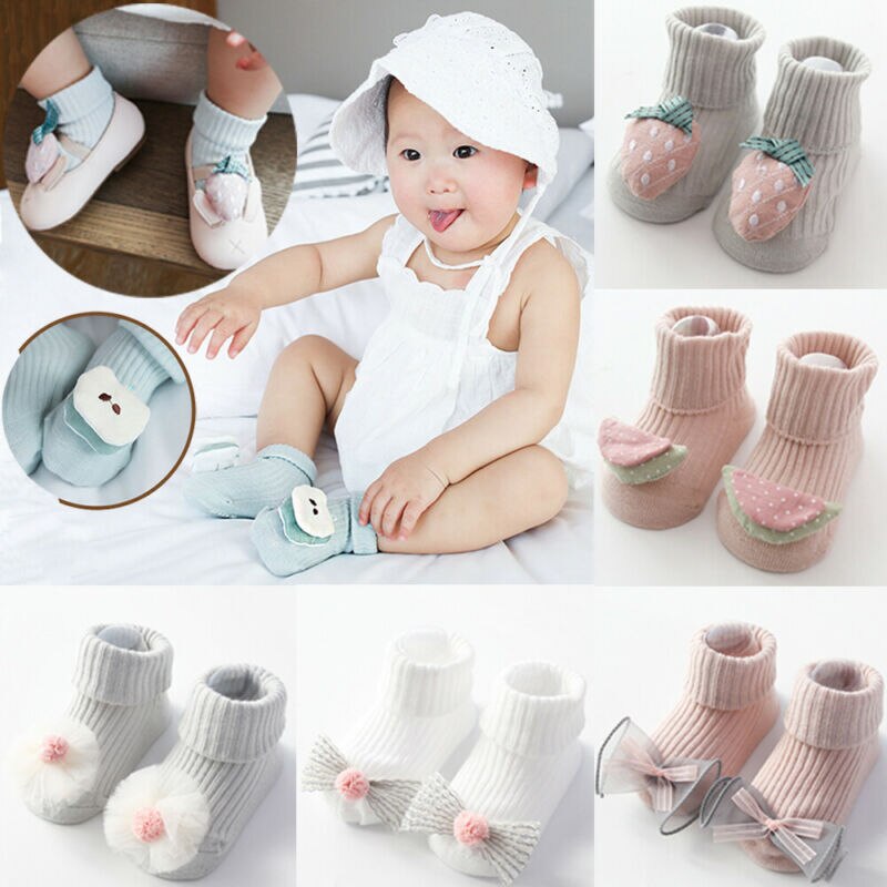 Bambino appena nato Ragazze 3D Frutta Bowknot Antiscivolo Boot Calzini e Calzettoni Del Pavimento Del Bambino Calzini e Calzettoni