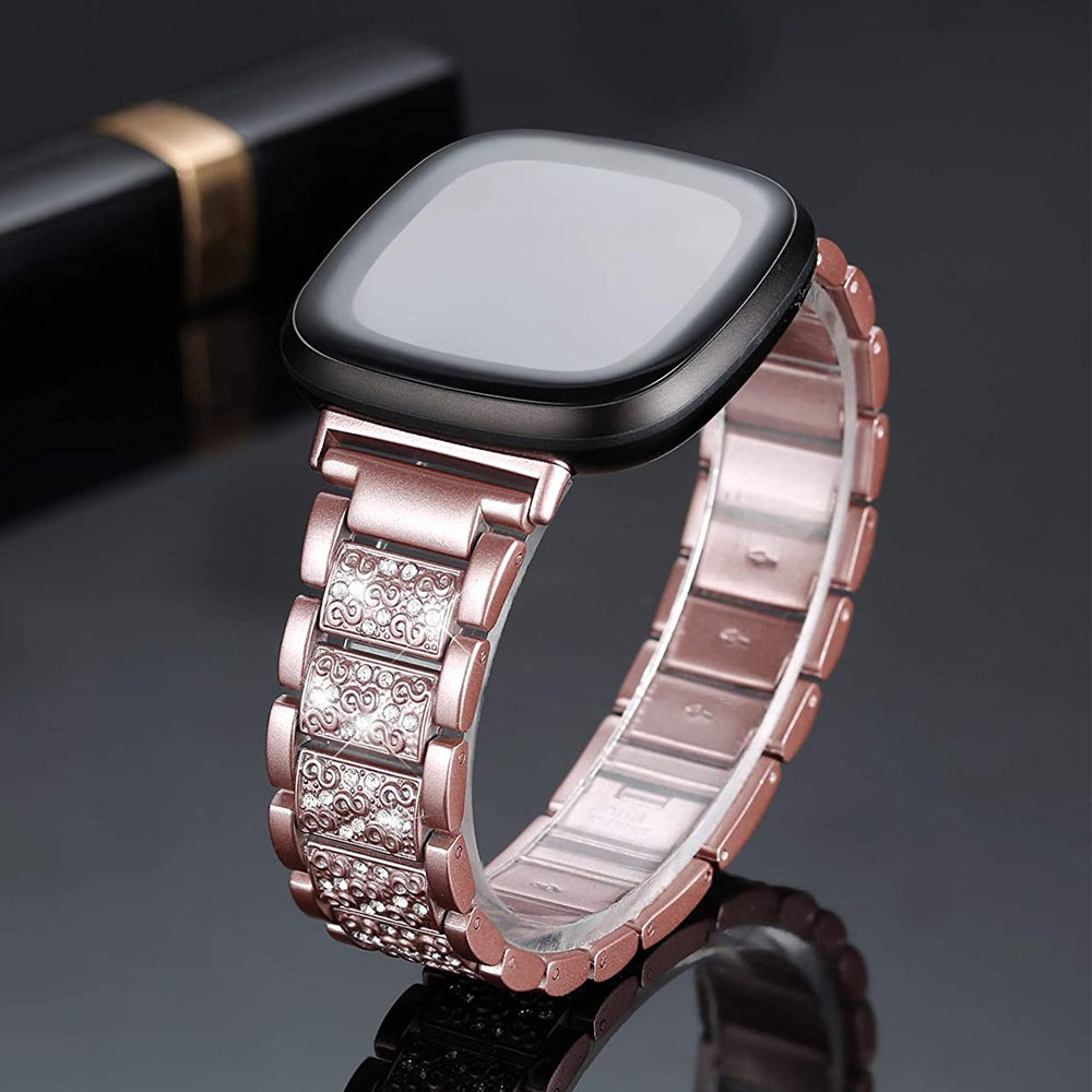 Metal Pink Bling Bracelet for Fitbit Sense 2/ Versa 3 Band Watch Strap Replacement Bling Watchband for Fitbit Versa 4 Sense Band