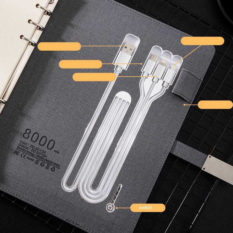 Power Bank – agenda A5 avec chargeur sans fil, 8000 MAh, agenda intelligent, reliure à feuilles mobiles, planificateur spiralé pour bureau