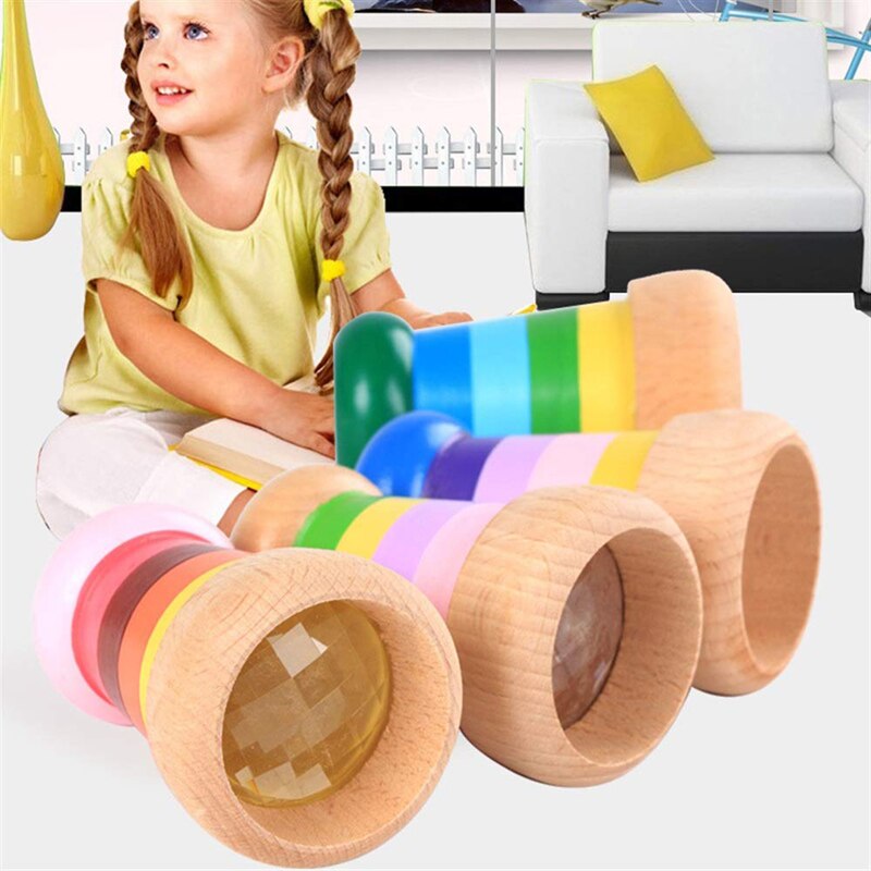 Nuovo Arriva Arcobaleno di Legno Caleidoscopio Magico mini Caleidoscopio Ape Effetto Occhi Poligono Prisma di Giocattoli per Bambini