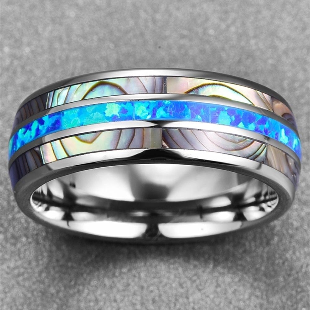 FDLK 8mm Wide Inlaid Shells Blue Opal Stainless Steel Men Rings Never Fade Engagement Ring Men's Jewelry