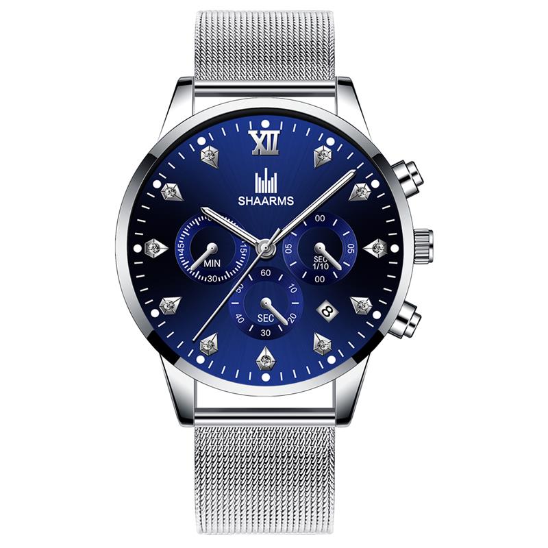 SHAARMS Men's Wristwatch Blue DialCasual Quartz Watch Stainless Steel Mesh Band Watch Date Clock Reloj Hombre: Silver Blue
