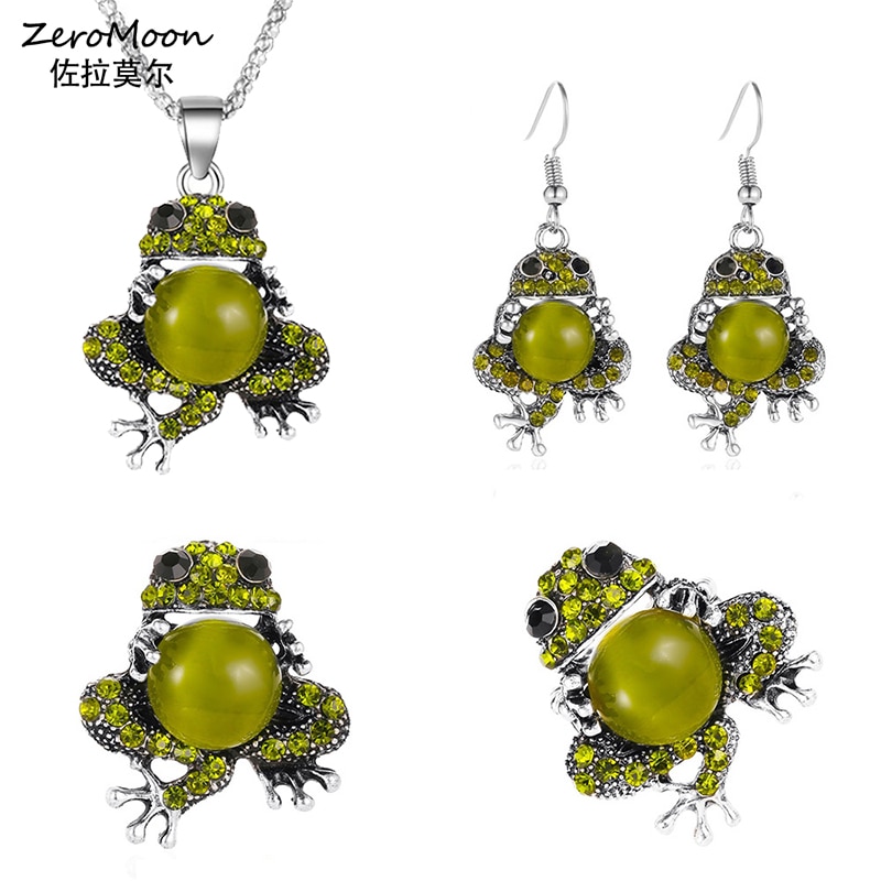 Novo bonito opala cristal strass sapo balançar brincos anel elástico pingente colar animal broche conjunto de jóias do vintage