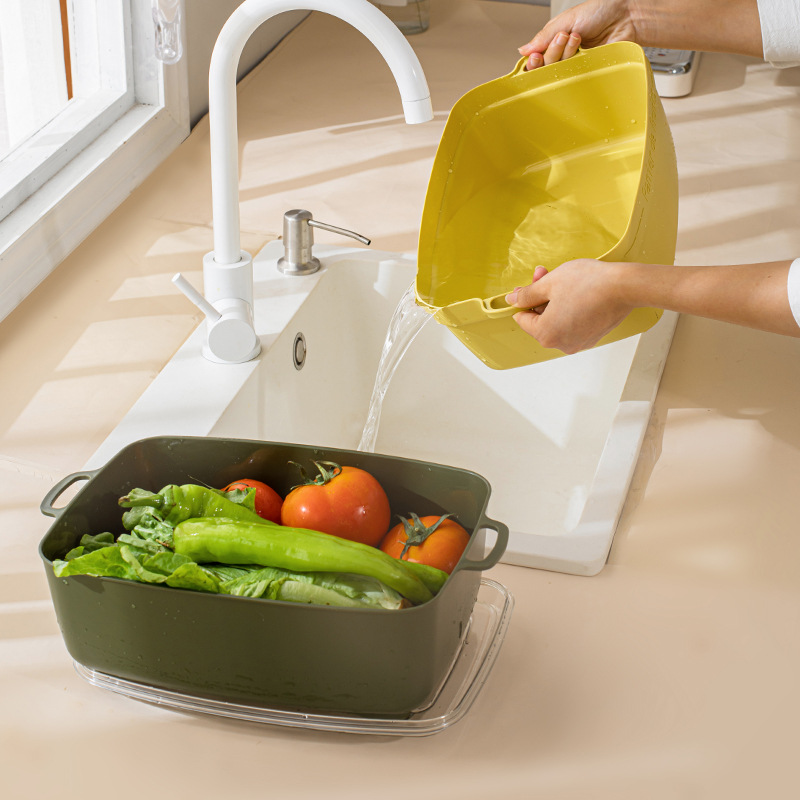 Cesta de drenaje de doble capa con cubierta, cuenco de limpieza de frutas y verduras, cesta de almacenamiento de frutas, cocina para lavar frutas