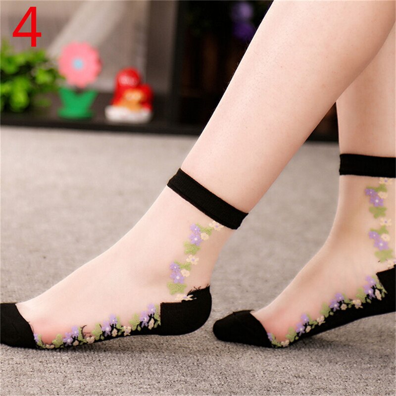 1Pair Women Soft Sheer Silk Cotton Elastic Mesh Knit Transparent Flower Lace Ankle Sock: 4