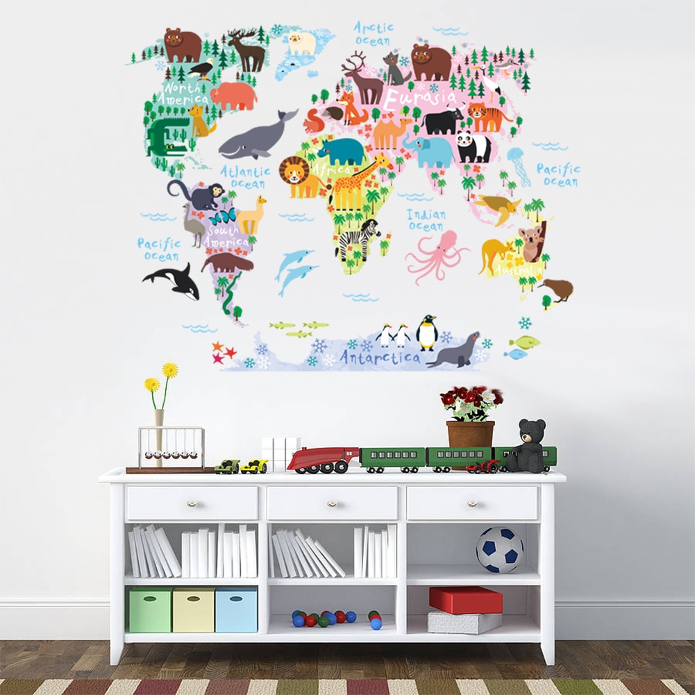 3D Colorful animal World Map Wall Sticker Kids Room Nursery Decoration Vinyl Poster Wall Decals Art Mural Stickers