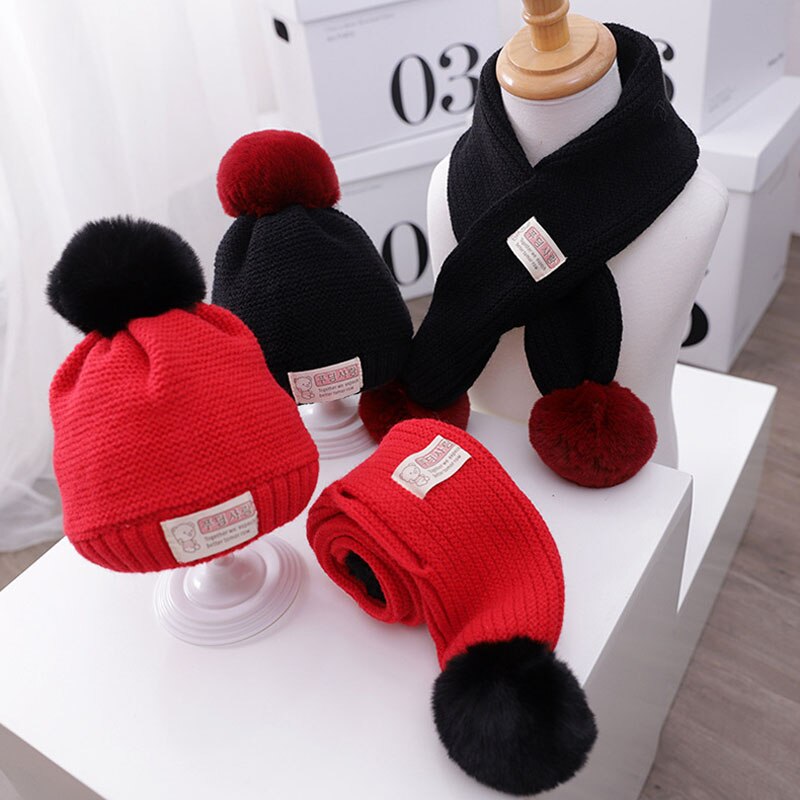 Doitbest 1 to 4 år gamla baby barn mössa hår boll enfärgad 2 st pojkar flickor vinter stickad hatt halsduk set