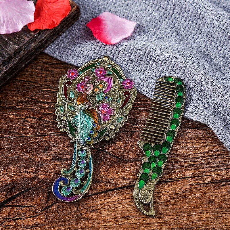 Makijaż lustro chiński Vintage Hollow-out rzeźba Rhinestone lustro zestaw grzebieni z pudełko eleganckie z kieszeniami lustro dla kobiet: 8
