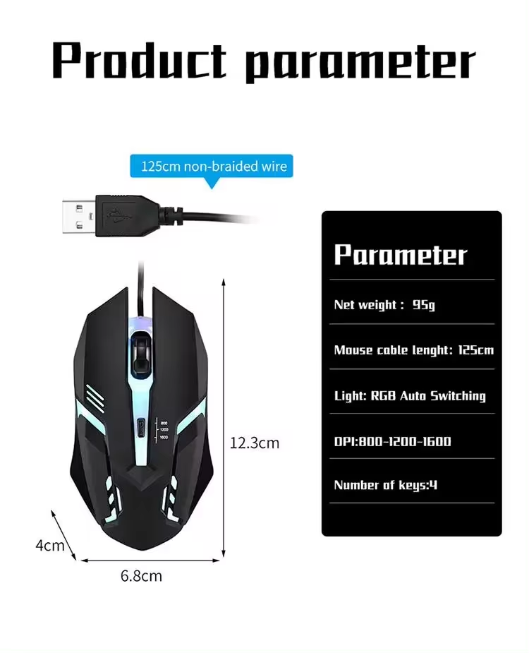 1 PC ITLY M01 Sportowa, świecąca, podświetlana diodami LED, przewodowa mysz do gier USB do komputera stacjonarnego, laptopa, komputera biurowego, mysz do gier