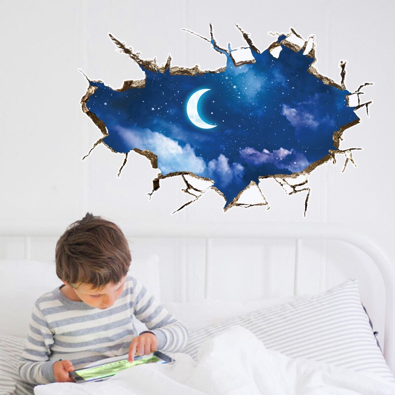 Night Moon Sky wall stickers Broken Hole 3D kids rooms Bedroom background home decor art decals landscape False windows stickers
