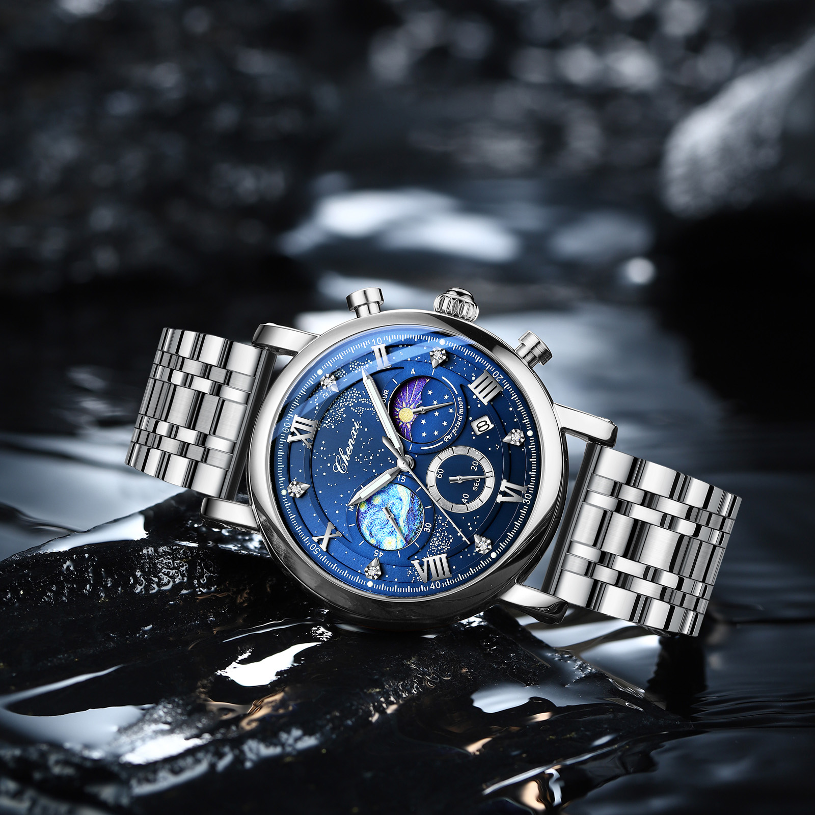 Chenxi herreur multifunktionel kronograf månefase dato quartz ure til mænd himmelsk urskive rustfrit stål armbåndsur