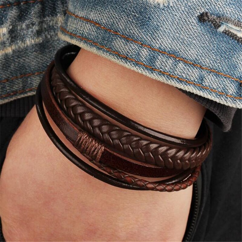 Lederen Armbanden Mannen Rvs Multilayer Gevlochten Touw Armbanden Voor Mannelijke Vrouwelijke Armbanden Sieraden