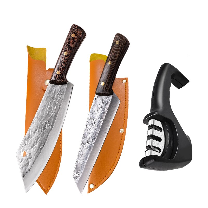 Chopping Knife Stainless Steel Full Tang Blade Wood Handle Sheath Cutting Slauughtering Meat Fish Boning Accessories Tools: 3PCS-5