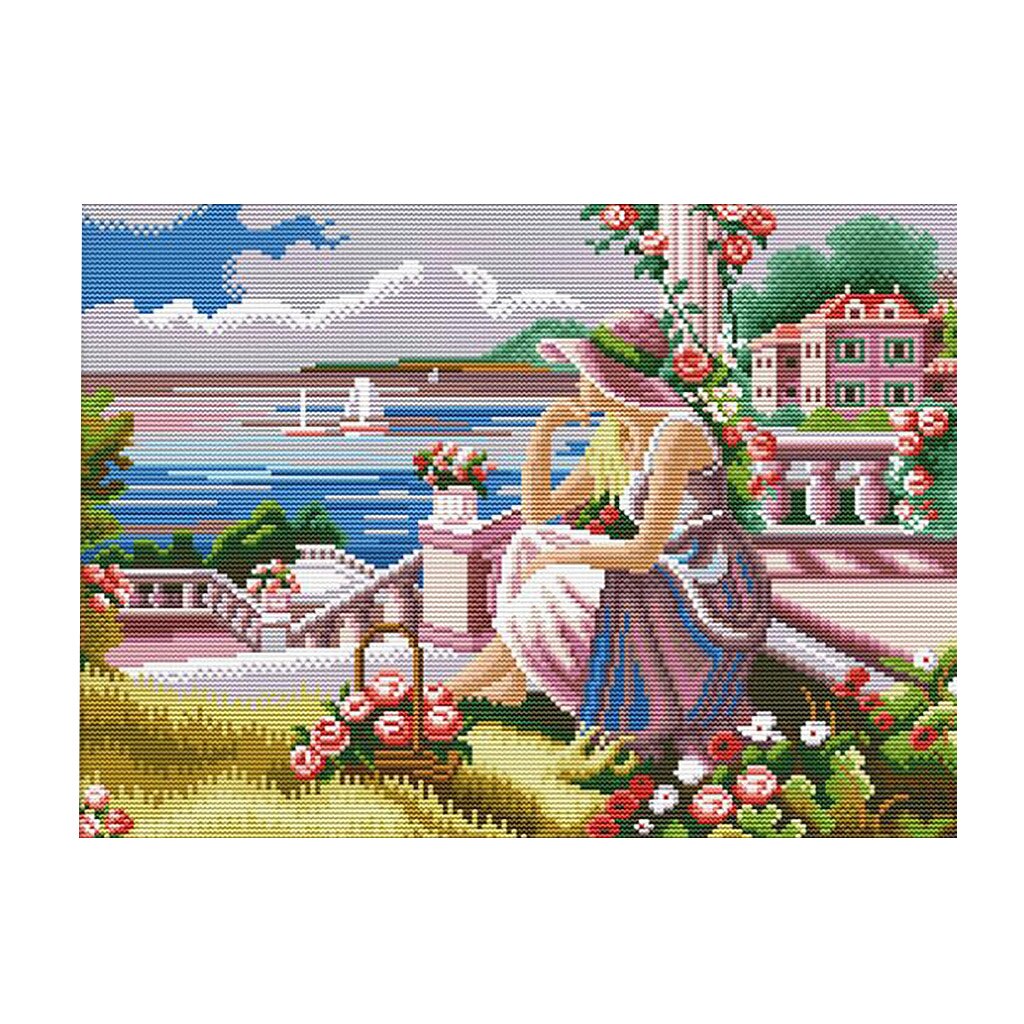 Flower &amp; Girl Stamped Cross Stitch Kit DIY Handmade Needlework for Beginners Kids Adults