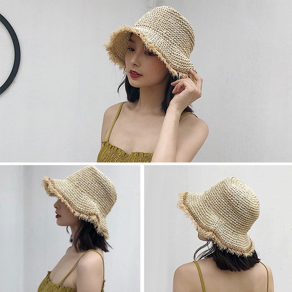 Summer Women Straw Sun Hats Crochet Knit Straw Hat Wide Wavy Brim Sunscreen Beach Cap Sunhat Beach Straw Sun Caps For