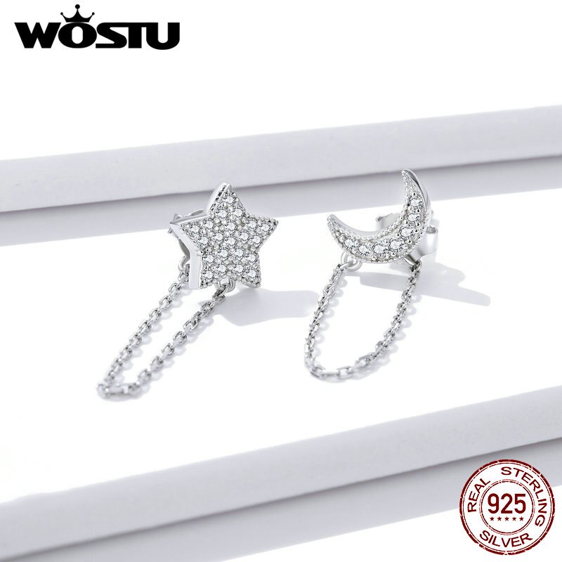 WOSTU Ohrringe 925 Sterling Silber Mond Stern Lange Quaste Kette Ohrringe für Frauen Hochzeit Schmuck CTE385