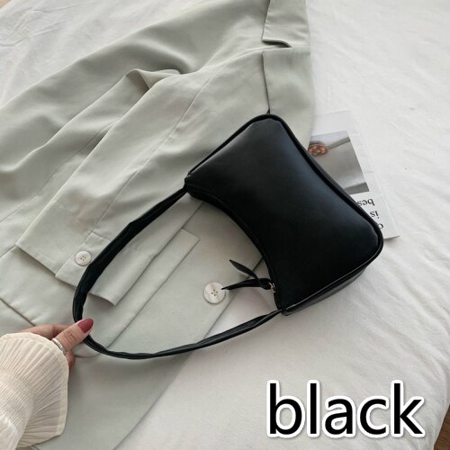 Soft PU Leather Women Purple Underarm Bag Retro Solid Color Ladies Baguette Handbags Girls Small Shoulder Bags: Black