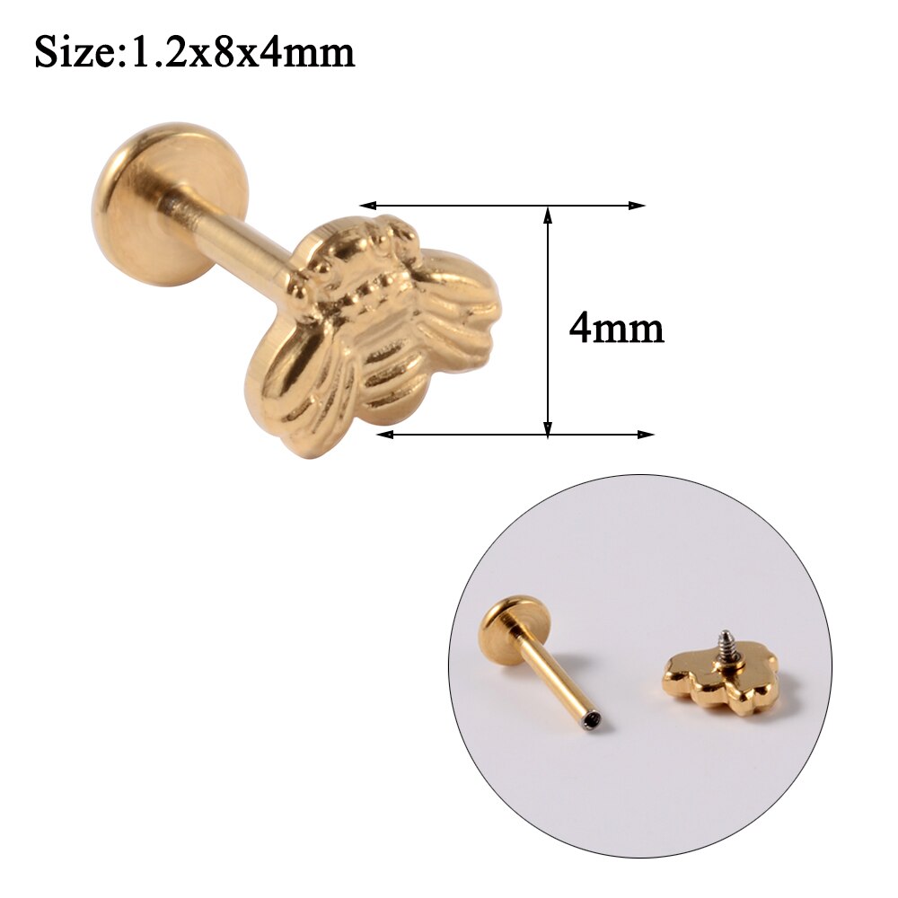 1 pz acciaio inossidabile ape orecchini a bottone Tragus cartilagine orecchino Piercing ape filettato internamente Labret Stud Piercing gioielli per il corpo: Gold Bee 8mm Bar