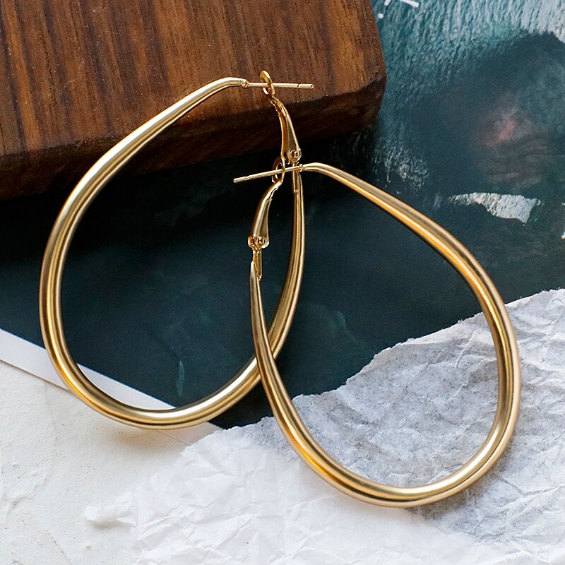AMORCOME Gold Color Metal Round Ring Trendy Hoop Earrings For Women Geometric Statement Earrings Wedding Jewelry