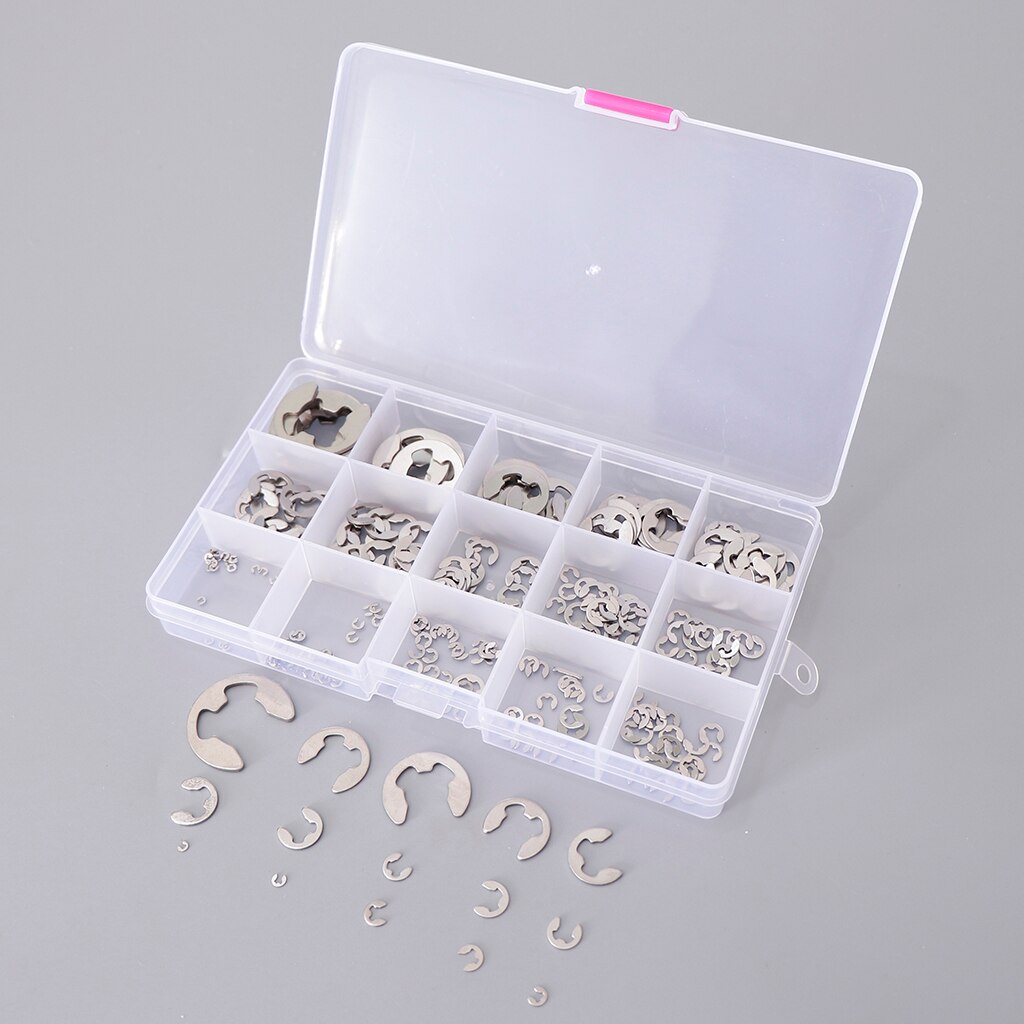 304 Stainless Steel E-Clip External Retaining Ring Circlip Assortment 15 Size,1.2 to 15mm//225Pcs