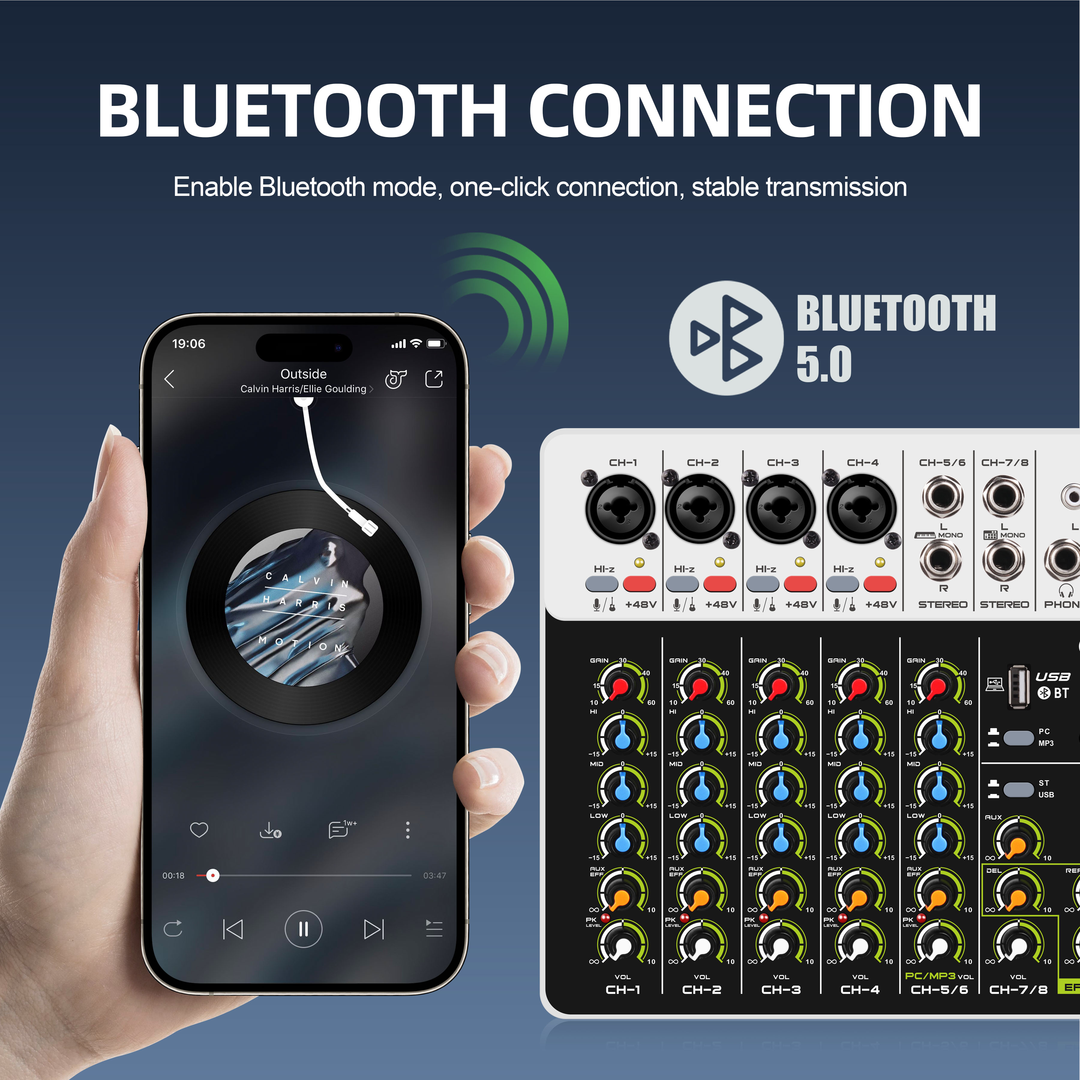 V8 Audio Interface Mixer with Bluetooth 5.0 Phantom Power for Computer Recording, Stage, Band Delayed Replay Effects DJ Mixer