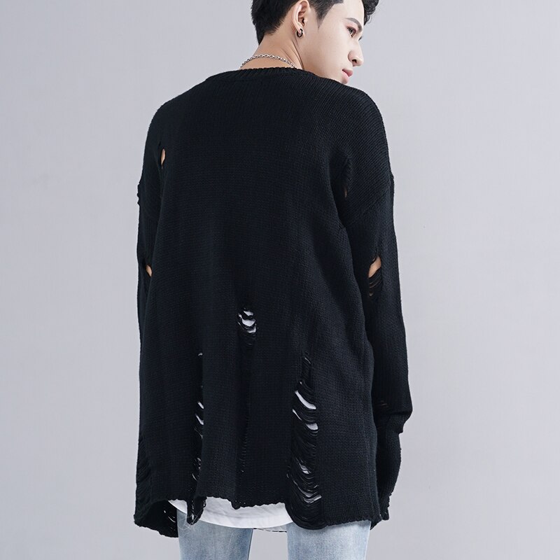 Ropa coreana para hombre, suéter con orificios rasgados, Vintage, ropa informal suelta, suéter negro de lana cálida