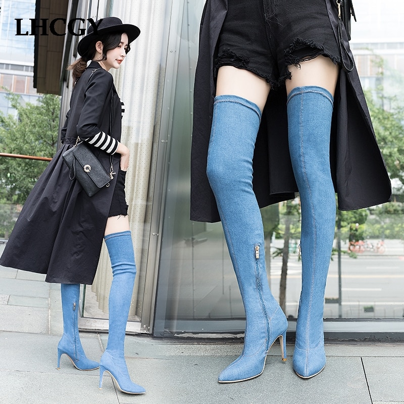 Plus size Women elastic denim jean boots thigh high boots knee high boots cowboy boots for Women High Heels botas mujer 7648