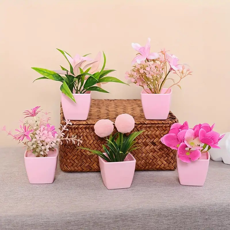 5 plantas suculentas artificiais em vaso rosa - estilo bonsai em miniatura, folhas brancas e verdes, perfeitas para decoração de casa e escritório, Nordi