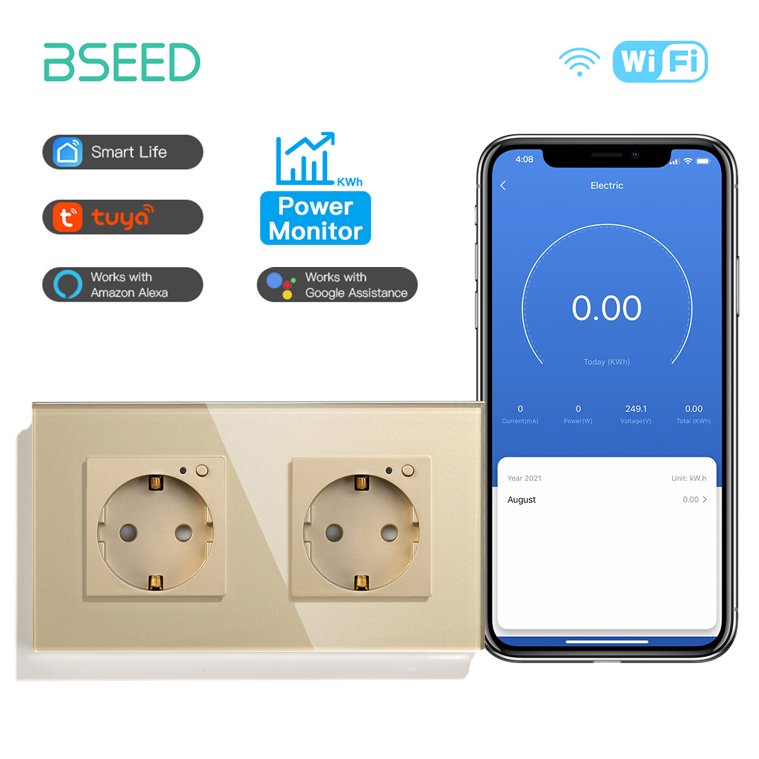 BSEED EU Wall Socket Tuya Smart Socket Wifi Electrical Outlets Power Monitor Google Smart Life Alexa Voice Control Glass Panel: Type4