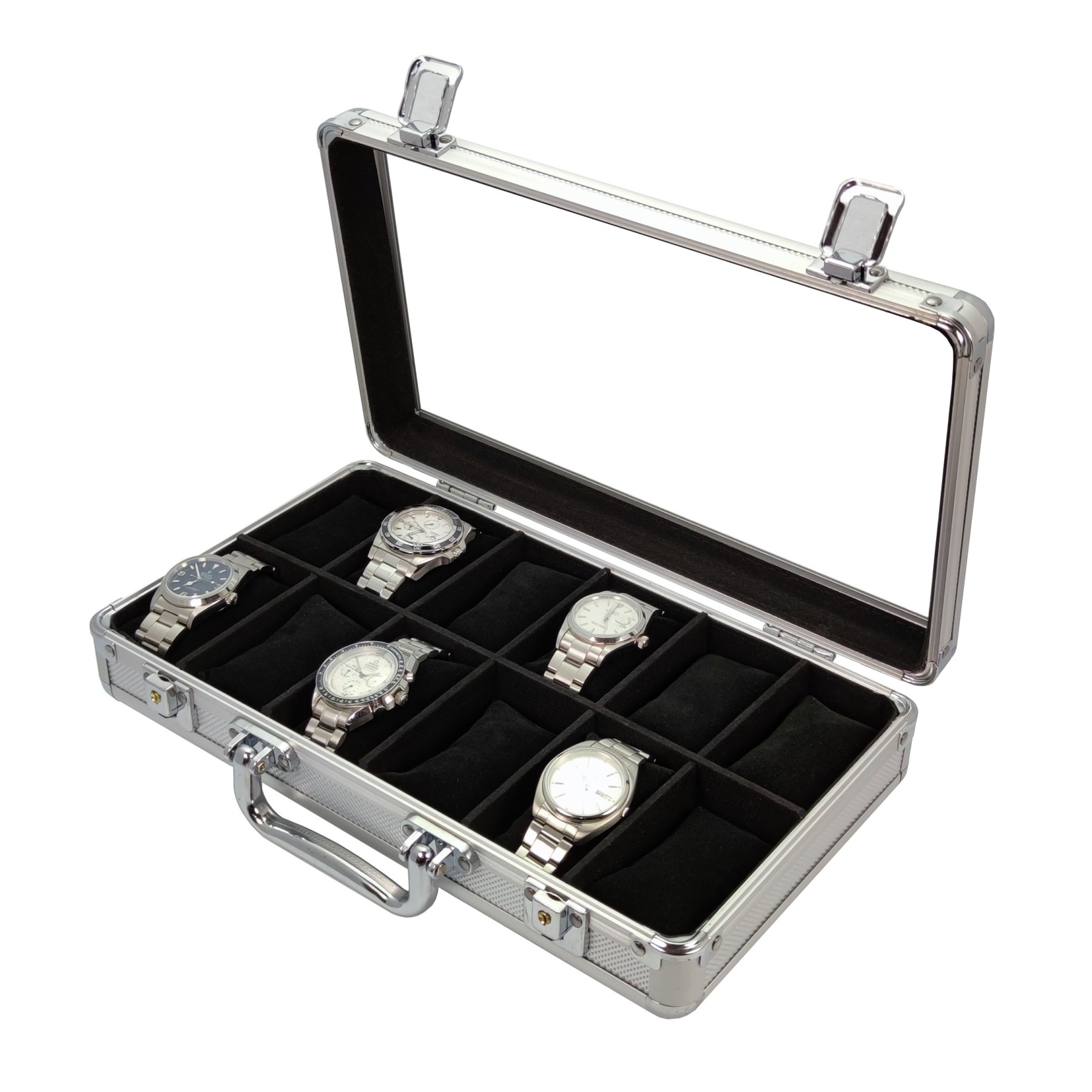 Display case holds 12 watches in aluminium