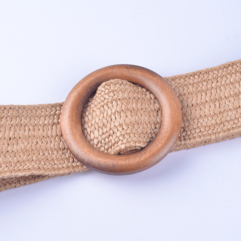 Boho Style Braided Straw Wide Belt Wooden Buckle Ladies Dress Belt Luxury Women