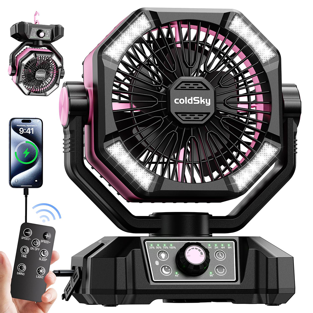 ColdSky-ventilador de Camping con batería de 20000mAh, linterna de 4 LED, ventilador de escritorio de 8 velocidades, ventilador portátil para exteriores para tienda de campaña, canciones de trabajo: Rojo