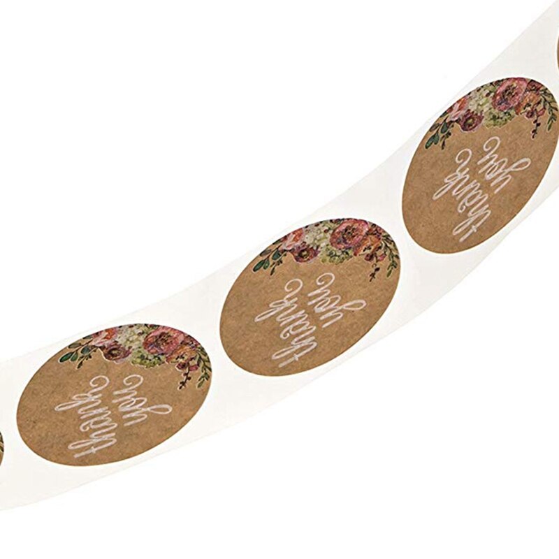 Kraft Floral Thank You Stickers - 1 inch Circle Labels / 500 Per Pack