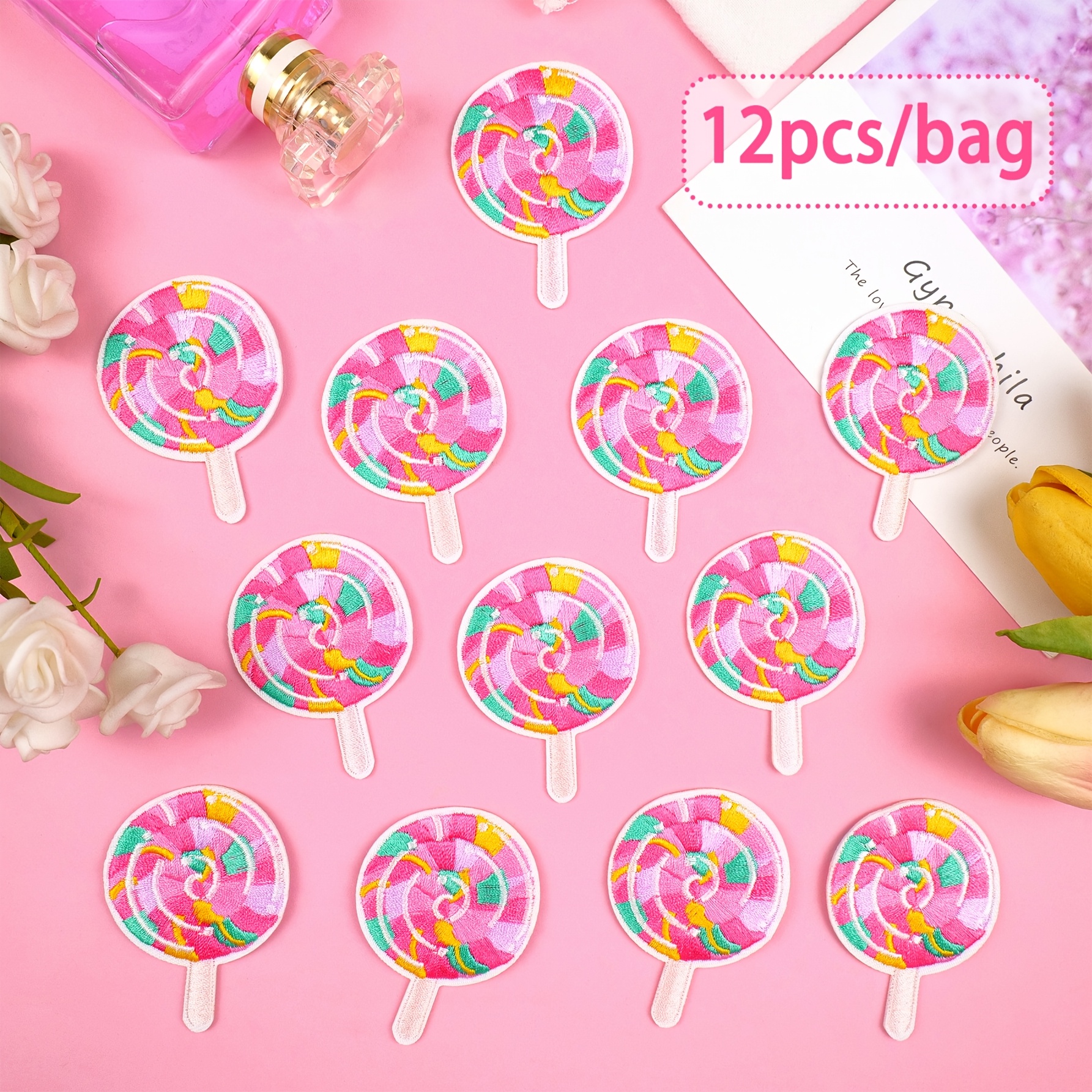 12pcs Colorful Lollipop Pattern Embroidered Patches, Suitable for Clothes and Bags, Ironing Mount Style, Woven Fabric, Patch