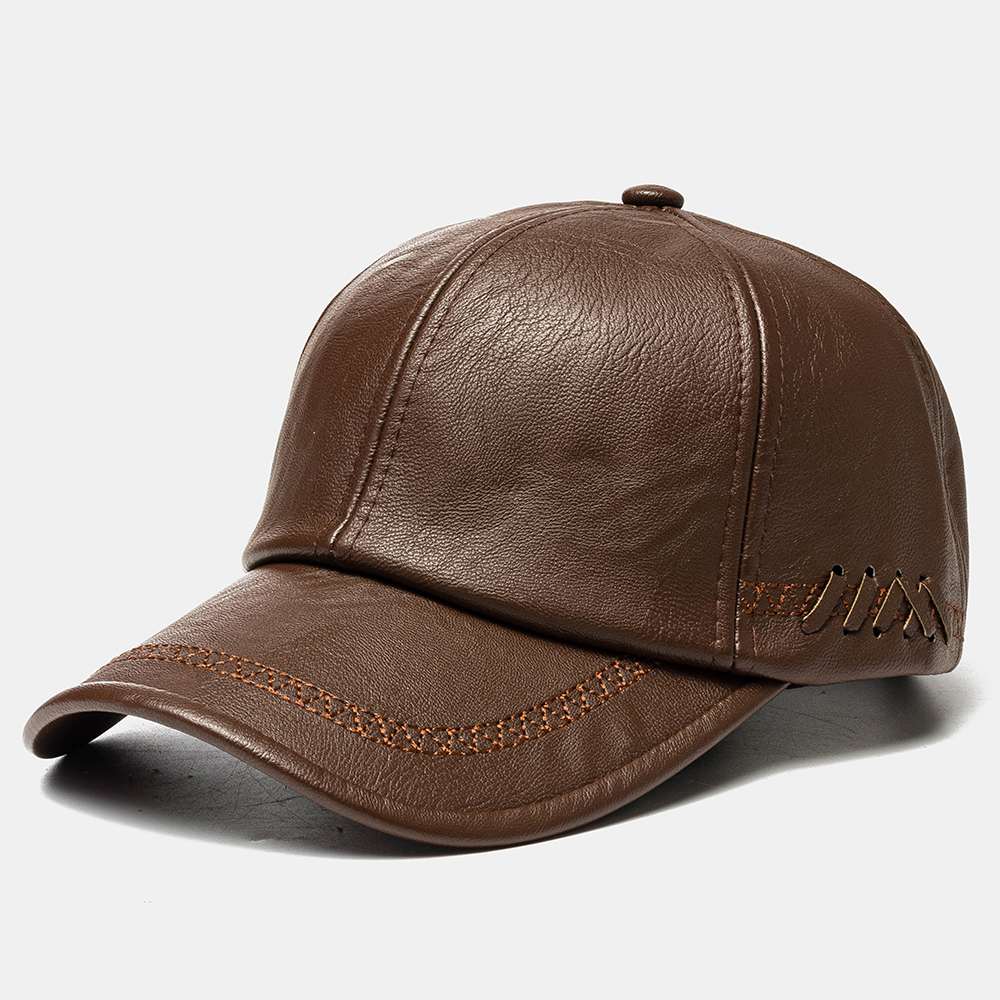 Justerbar forår vinter pu læder baseball caps til mænd solid pu læder herre kasket udendørs snapback hat sort brun vævet indretning