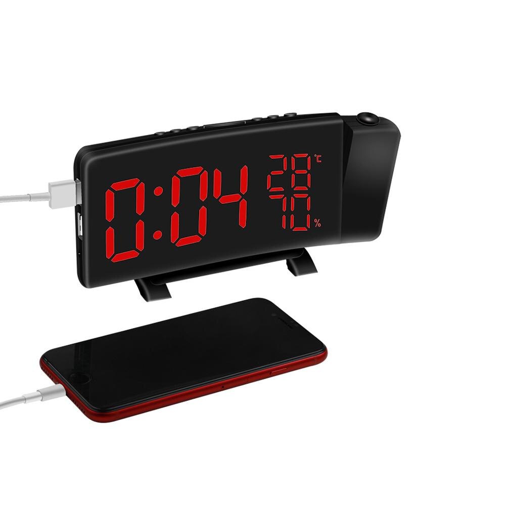 Digital radio vækkeur projektor snooze timer temperatur led display usb ladekabel 110 grader bord radio fm ur