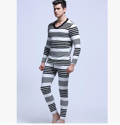 NewAIBC men's long johns set cotton male legging autumn and winter thermal underwear stripe Long Johns set 5 colors M L XL: Black / XL