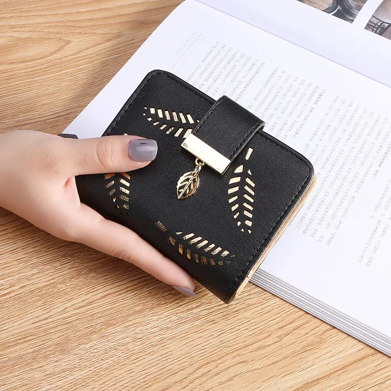 Women Wallet PU Leather Purse Female Long Wallet Gold Hollow Leaves Pouch Handbag For Women Coin Purse Card Holders Clutch: DEEP BLUE