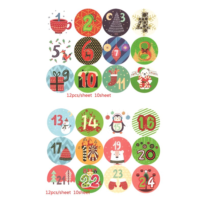 10 vellen kerstetiketten adventskalender, nummerpapierstickers, ornamenten, koekje, snoep, doe-het-zelf kerststickers, zelfklevende verpakkingsstickers