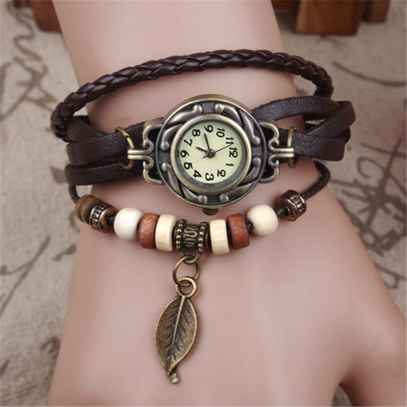 Vrouwen Meisje Vintage Horloges Armband Horloges Leaf Hanger Lederen Armband Lady Dames Polshorloge Vrouwen Horloge